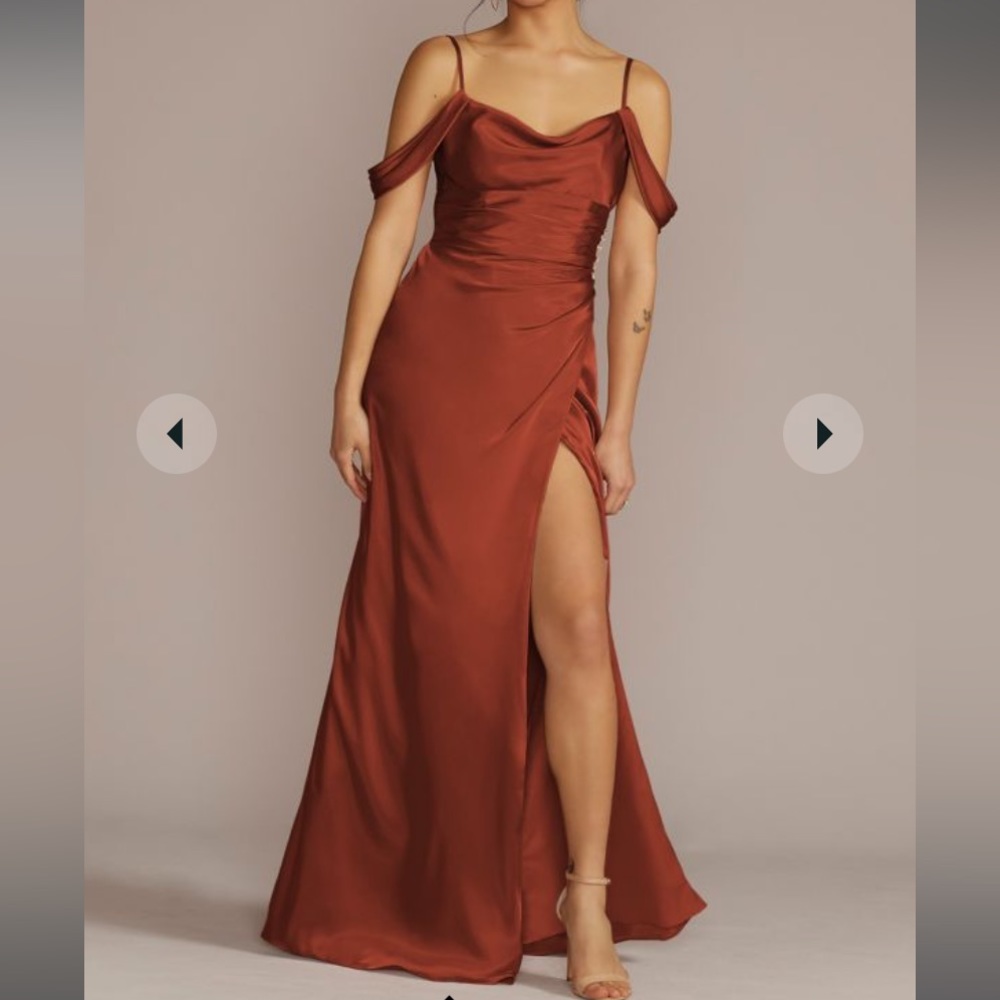David’s Bridal Cinnamon charmeuse cowl bridesmaid dress with swag sleeves